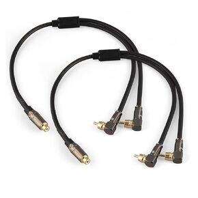 Right Angle 2-Male to Straight 1-Female RCA Audio Stereo Subwoofer Cable Speaker Y Adapter Male to Female Subwoofer Extension Cord 2 Pack (1.5FT)