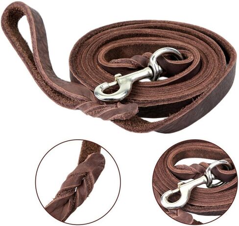 مقود الكلاب البني المضفر المصنوع من الجلد الطبيعي من Dogs Kingdom بطول 4 أقدام/5 أقدام/7 أقدام/8.5 أقدام، أفضل مقود للكلاب الكبيرة والمتوسطة أثناء تدريب المشي بخطاف بني/فضي 1/2 بوصة × 4 أقدام in Kuwait