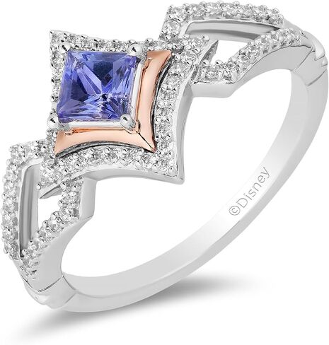 Jewelili Enchanted Disney Fine Jewelry من الفضة الإسترليني والذهب الوردي عيار 10 قيراط مع الماس 1/5 CTTW وخاتم الأميرة التنزانيت المهيب in Saudi Arabia