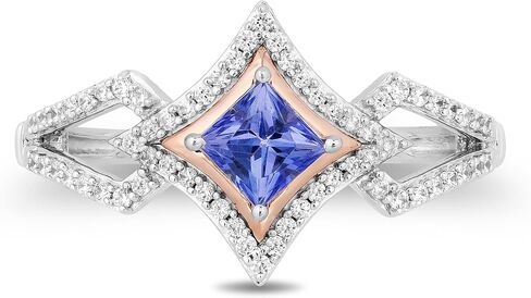 Jewelili Enchanted Disney Fine Jewelry من الفضة الإسترليني والذهب الوردي عيار 10 قيراط مع الماس 1/5 CTTW وخاتم الأميرة التنزانيت المهيب in Saudi Arabia