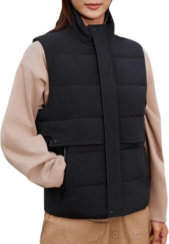 Women's Puffer Vest Casual Sleeveless Lightweight Outerwear for Winter Stand Collar Zip Up with Pockets in Saudi Arabia