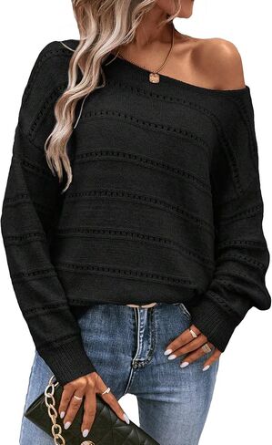SHENHE Women's Pointelle Knit Loose Fit Boat Neck Drop Shoulder Sweater Jumper Top in Saudi Arabia