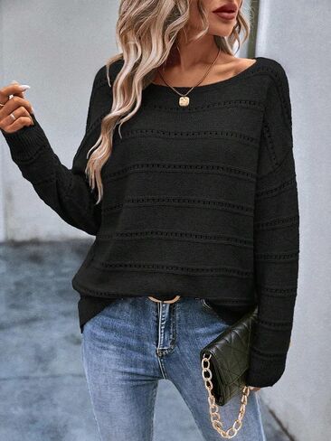 SHENHE Women's Pointelle Knit Loose Fit Boat Neck Drop Shoulder Sweater Jumper Top in Saudi Arabia