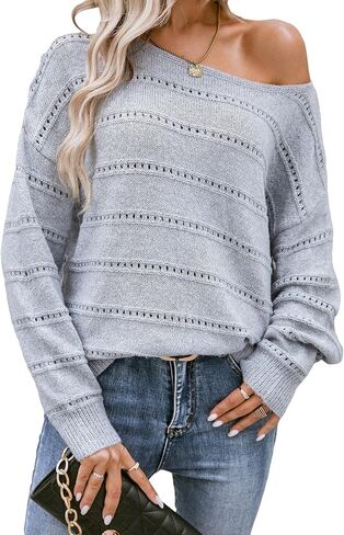 SHENHE Women's Pointelle Knit Loose Fit Boat Neck Drop Shoulder Sweater Jumper Top in Saudi Arabia