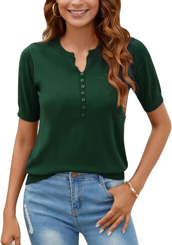 Women Summer Knit Shirt Blouse V Neck Short Sleeve Pullover Sweater Tops in Saudi Arabia
