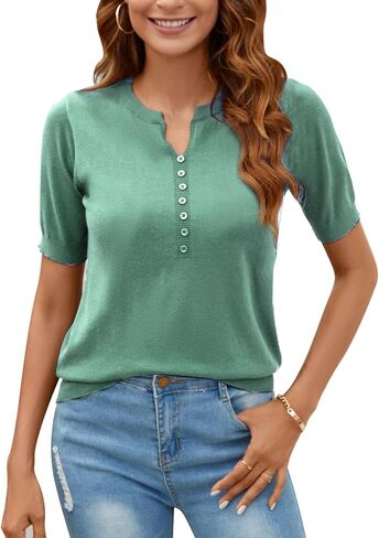 Women Summer Knit Shirt Blouse V Neck Short Sleeve Pullover Sweater Tops in Saudi Arabia