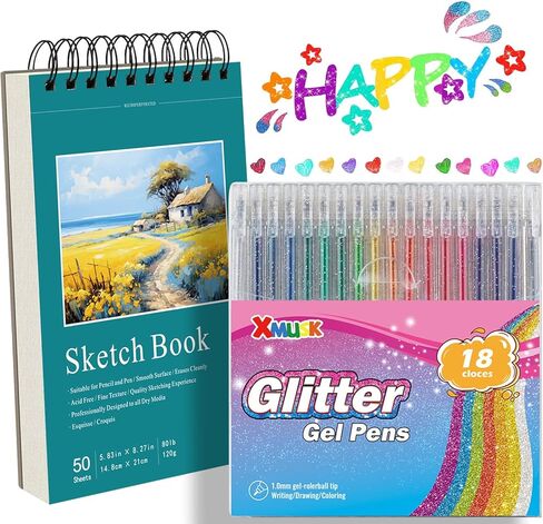 Glitter Gel Pen Gift Set with 18 Colors Glitter Gel Pen A5 Sketch Book Gift Set 50 Sheets 120gsm Spiral Art Sketchbook Drawing Pad for Painting Writing (XGP-18) in Saudi Arabia