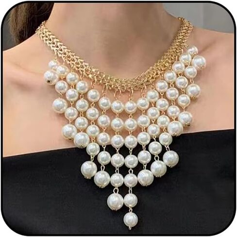 Pearl Necklace for Women Chunky Pearl Necklace Big Pearl Choker Necklaces Statement Pearl Necklace Wedding Party Jewelry in Kuwait
