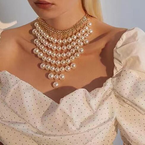 Pearl Necklace for Women Chunky Pearl Necklace Big Pearl Choker Necklaces Statement Pearl Necklace Wedding Party Jewelry in Kuwait