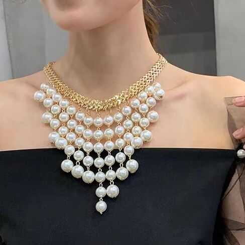Pearl Necklace for Women Chunky Pearl Necklace Big Pearl Choker Necklaces Statement Pearl Necklace Wedding Party Jewelry in Kuwait