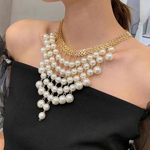 Pearl Necklace for Women Chunky Pearl Necklace Big Pearl Choker Necklaces Statement Pearl Necklace Wedding Party Jewelry in Kuwait