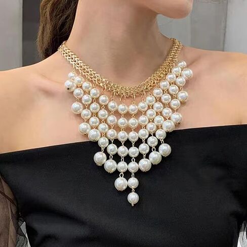 Pearl Necklace for Women Chunky Pearl Necklace Big Pearl Choker Necklaces Statement Pearl Necklace Wedding Party Jewelry in Kuwait