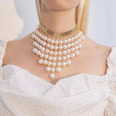 Pearl Necklace for Women Chunky Pearl Necklace Big Pearl Choker Necklaces Statement Pearl Necklace Wedding Party Jewelry in Kuwait