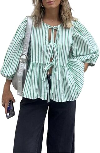 Peplum Tops for Women Tie Front Puff Sleeve Peplum Blouse in Saudi Arabia