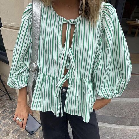 Peplum Tops for Women Tie Front Puff Sleeve Peplum Blouse in Saudi Arabia