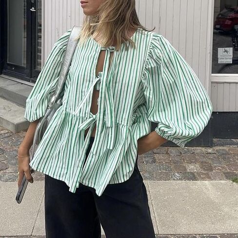 Peplum Tops for Women Tie Front Puff Sleeve Peplum Blouse in Saudi Arabia