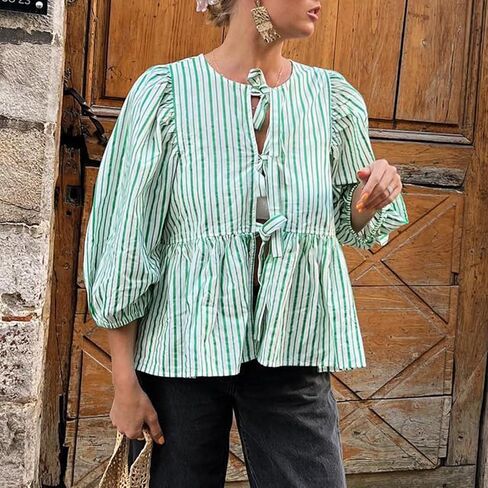 Peplum Tops for Women Tie Front Puff Sleeve Peplum Blouse in Saudi Arabia