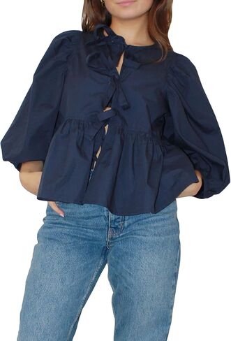 Peplum Tops for Women Tie Front Puff Sleeve Peplum Blouse in Saudi Arabia