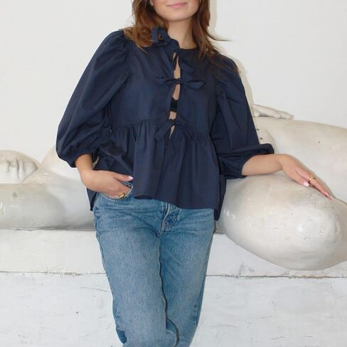 Peplum Tops for Women Tie Front Puff Sleeve Peplum Blouse in Saudi Arabia