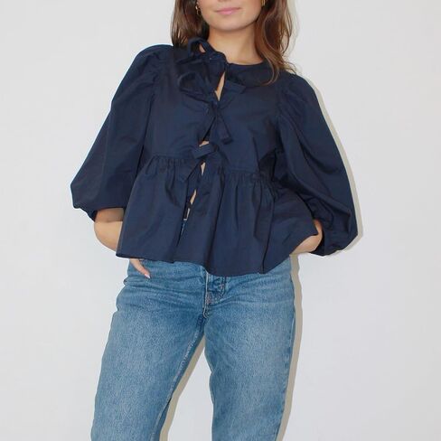 Peplum Tops for Women Tie Front Puff Sleeve Peplum Blouse in Saudi Arabia