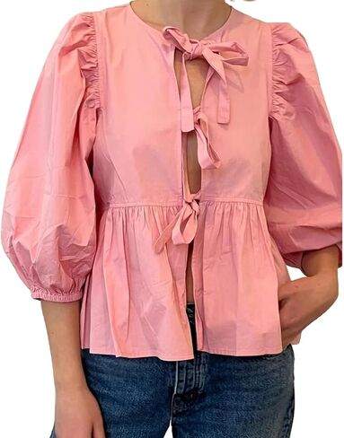 Peplum Tops for Women Tie Front Puff Sleeve Peplum Blouse in Saudi Arabia