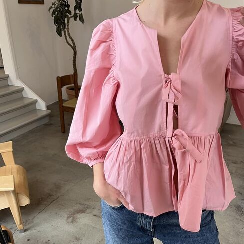 Peplum Tops for Women Tie Front Puff Sleeve Peplum Blouse in Saudi Arabia