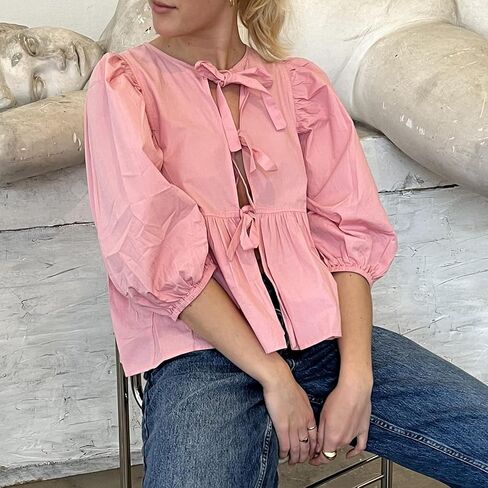 Peplum Tops for Women Tie Front Puff Sleeve Peplum Blouse in Saudi Arabia