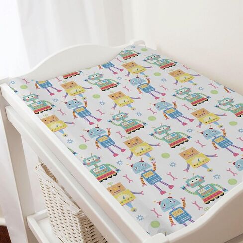 Cartoon Robots Changing Pad Covers Cute Robots Baby Diaper Changing Table Cover for Boys Girls Robots Nursery Decor Ultra Soft Breathable Stretch Changing Table Sheets Mats 32''x16'' in Saudi Arabia