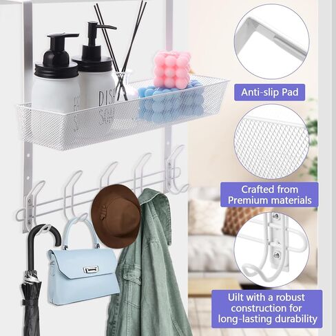 Over The Door Hooks with 1tier Mesh Basket,Over Door Organizer Hanger Coat Rack with 10 Hooks,Back of Door Hooks Storage Organizer for Bedroom,Bathroom,Kitchen,Office-Black in Saudi Arabia