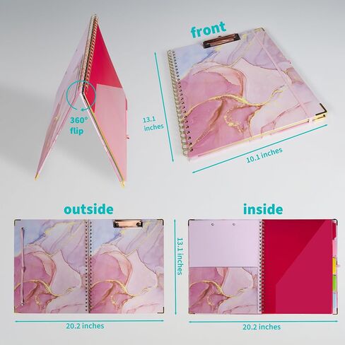 Binditek Spiral Clipboard Folio with Notepad for Letter Size,Clipboard Notebook Folder Include 5 Dividers with 10 Pockets,with Interior Pocket,Label Stickers,Elastic Closure and Pen Holder,Pink Marble in Saudi Arabia