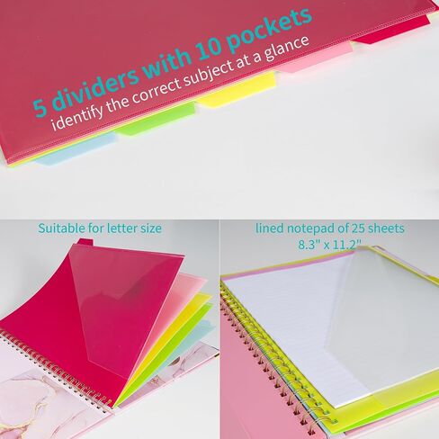Binditek Spiral Clipboard Folio with Notepad for Letter Size,Clipboard Notebook Folder Include 5 Dividers with 10 Pockets,with Interior Pocket,Label Stickers,Elastic Closure and Pen Holder,Pink Marble in Saudi Arabia