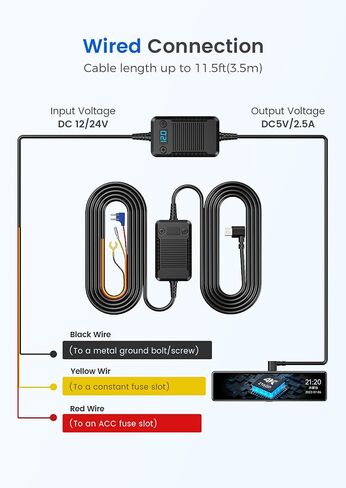 Dash Cam Hardwire Kit, Veement Type-C Hardwire Kit for Dash Camera V200, V200Pro, T90X, VT10, 11.5ft,12V 24V to 5V Car Dashboard Cam Charger Power Cable with Low Voltage Protection,Include 4 Fuse Taps in Saudi Arabia