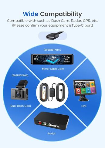 Dash Cam Hardwire Kit, Veement Type-C Hardwire Kit for Dash Camera V200, V200Pro, T90X, VT10, 11.5ft,12V 24V to 5V Car Dashboard Cam Charger Power Cable with Low Voltage Protection,Include 4 Fuse Taps in Saudi Arabia