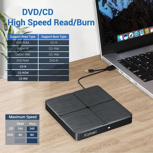 محرك أقراص مضغوطة خارجي، USB 3.0 ونوع C، محرك أقراص DVD خارجي محمول، محرك أقراص DVD رفيع، مشغل قارئ DVD +/-RW لأجهزة Mac، والكمبيوتر الشخصي، والكمبيوتر المحمول، وسطح المكتب، وMacOS، وWindows XP/7/8/10/11 in Kuwait