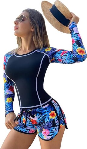 Women's Long Sleeves Rash Guard Athletic Swim Aztec Tankini Sets Swimsuit in Kuwait