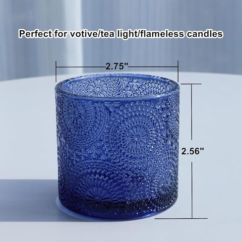 مجموعة حوامل شموع نذرية زرقاء مكونة من 6 قطع (2.56 بوصة ارتفاع × 2.75 بوصة عرض)، زجاج حامل شموع ضوء الشاي لطاولة الزفاف المركزية، حامل شموع تيلايت منقوش على شكل عباد الشمس بوهو لتزيين طاولة الطعام in Kuwait