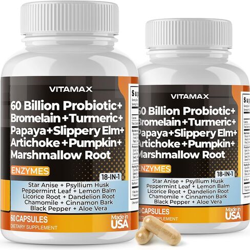 60B Probiotic Digestive Gut Health Supplement - Slippery Elm, Coriander, Papaya, Turmeric, Ginger, Psyllium Husk, Licorice, Marshmallow Root - Men & Women - Made in USA (60 Count (Pack of 1) in Saudi Arabia