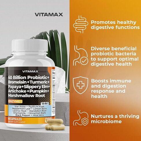 60B Probiotic Digestive Gut Health Supplement - Slippery Elm, Coriander, Papaya, Turmeric, Ginger, Psyllium Husk, Licorice, Marshmallow Root - Men & Women - Made in USA (60 Count (Pack of 1) in Saudi Arabia