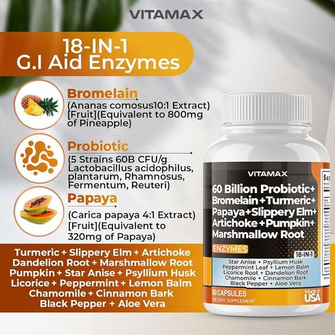 60B Probiotic Digestive Gut Health Supplement - Slippery Elm, Coriander, Papaya, Turmeric, Ginger, Psyllium Husk, Licorice, Marshmallow Root - Men & Women - Made in USA (60 Count (Pack of 1) in Saudi Arabia