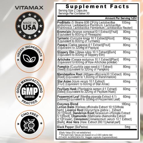60B Probiotic Digestive Gut Health Supplement - Slippery Elm, Coriander, Papaya, Turmeric, Ginger, Psyllium Husk, Licorice, Marshmallow Root - Men & Women - Made in USA (60 Count (Pack of 1) in Saudi Arabia