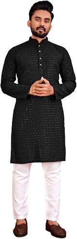 Men's Cotton Indian Ethnic Traditional Wear Schiffli Kurta & Pajama Set in Saudi Arabia