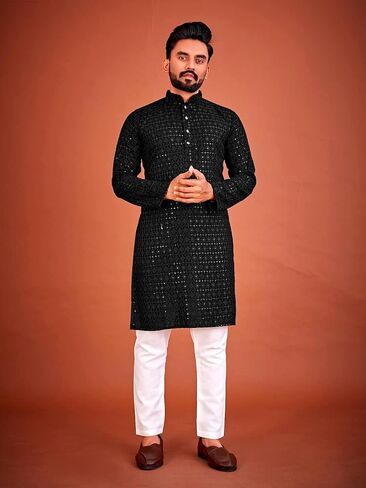 Men's Cotton Indian Ethnic Traditional Wear Schiffli Kurta & Pajama Set in Saudi Arabia