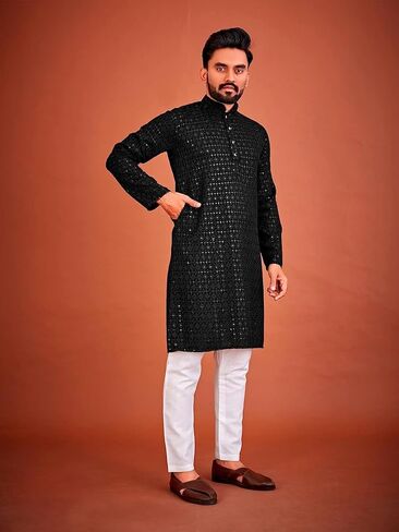 Men's Cotton Indian Ethnic Traditional Wear Schiffli Kurta & Pajama Set in Saudi Arabia