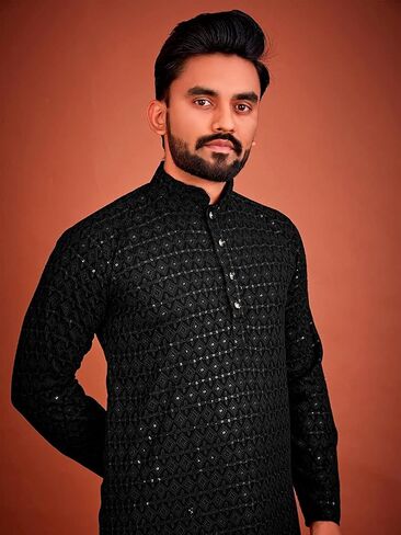 Men's Cotton Indian Ethnic Traditional Wear Schiffli Kurta & Pajama Set in Saudi Arabia