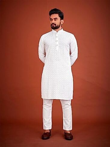 Men's Cotton Indian Ethnic Traditional Wear Schiffli Kurta & Pajama Set in Saudi Arabia