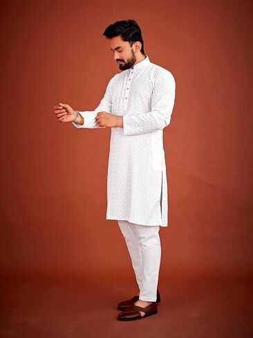 Men's Cotton Indian Ethnic Traditional Wear Schiffli Kurta & Pajama Set in Saudi Arabia