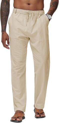 Durio Mens Casual Linen Pants Elastic Waist Lightweight Linen Beach Pants Straight Leg Casual Pants Summer Beach Yoga in Saudi Arabia