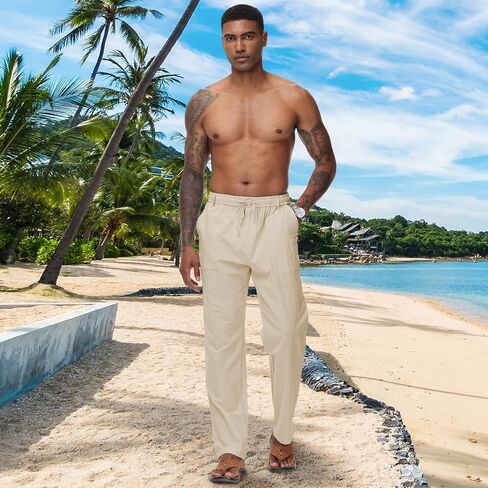 Durio Mens Casual Linen Pants Elastic Waist Lightweight Linen Beach Pants Straight Leg Casual Pants Summer Beach Yoga in Saudi Arabia