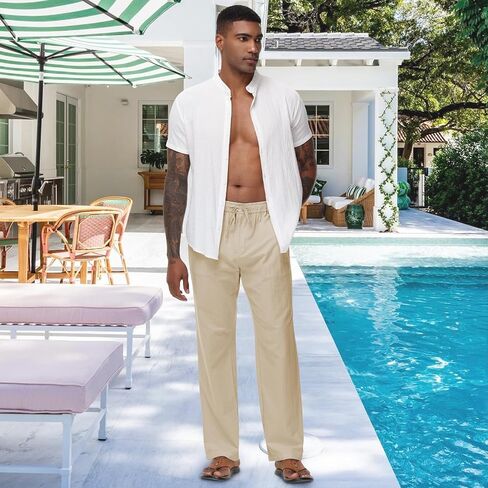 Durio Mens Casual Linen Pants Elastic Waist Lightweight Linen Beach Pants Straight Leg Casual Pants Summer Beach Yoga in Saudi Arabia