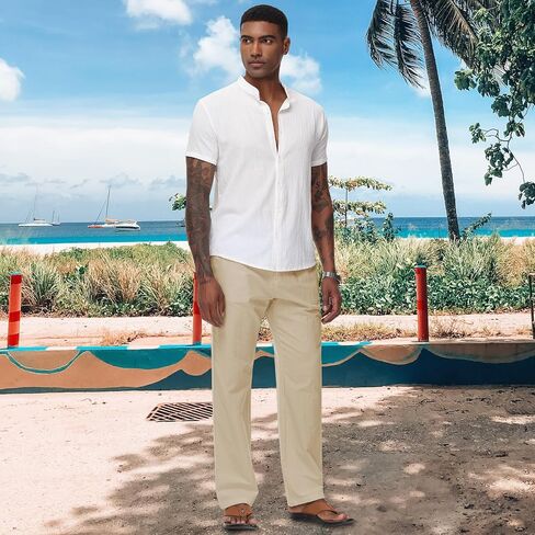Durio Mens Casual Linen Pants Elastic Waist Lightweight Linen Beach Pants Straight Leg Casual Pants Summer Beach Yoga in Saudi Arabia